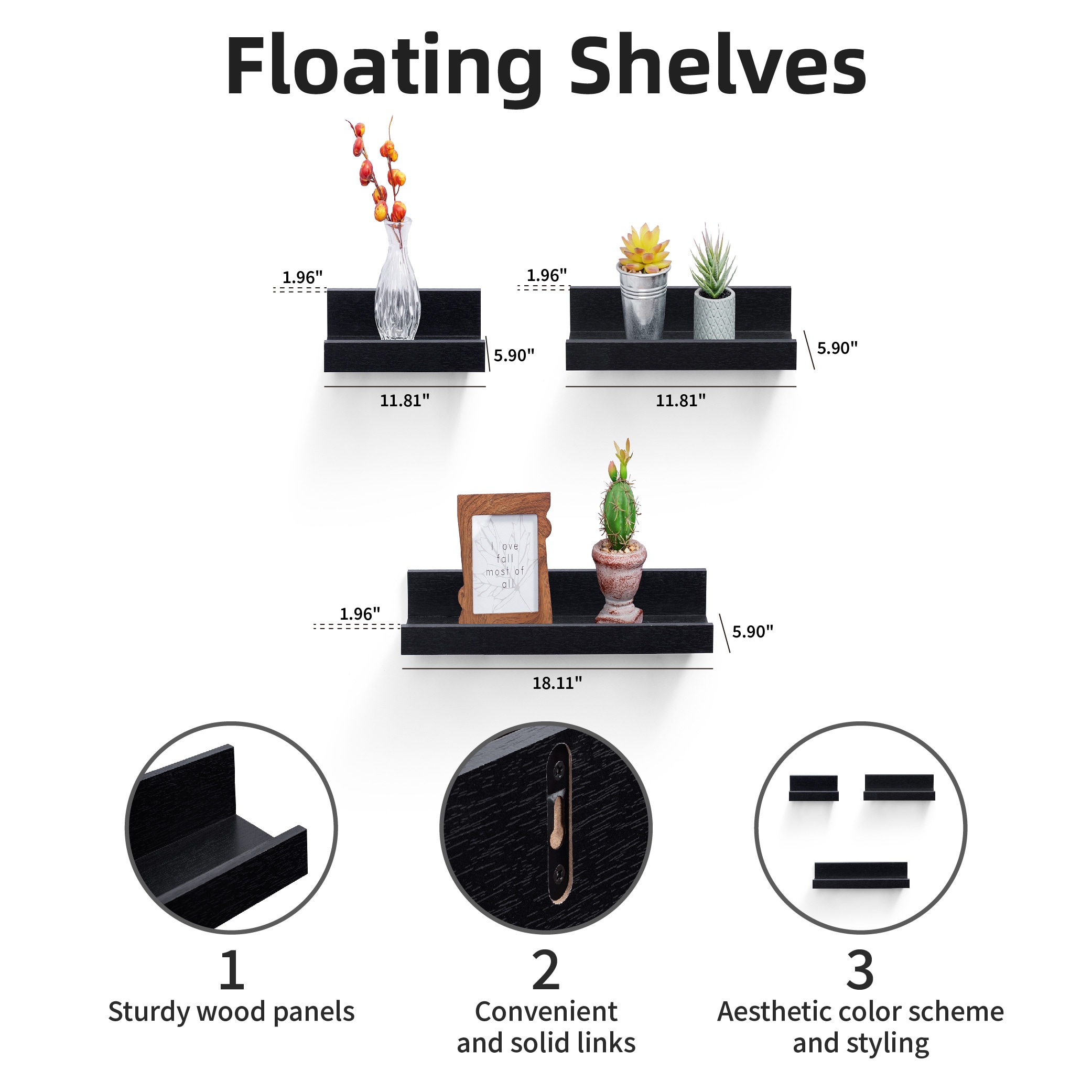 Floating Shelves 18.11" Wall Mounted Wood Shelves For Bathroom, Bedroom, Living Room, Kitchen, Hanging Shelf For Books/Storage/Decor With Invisible Brackets, Black_voghion.com